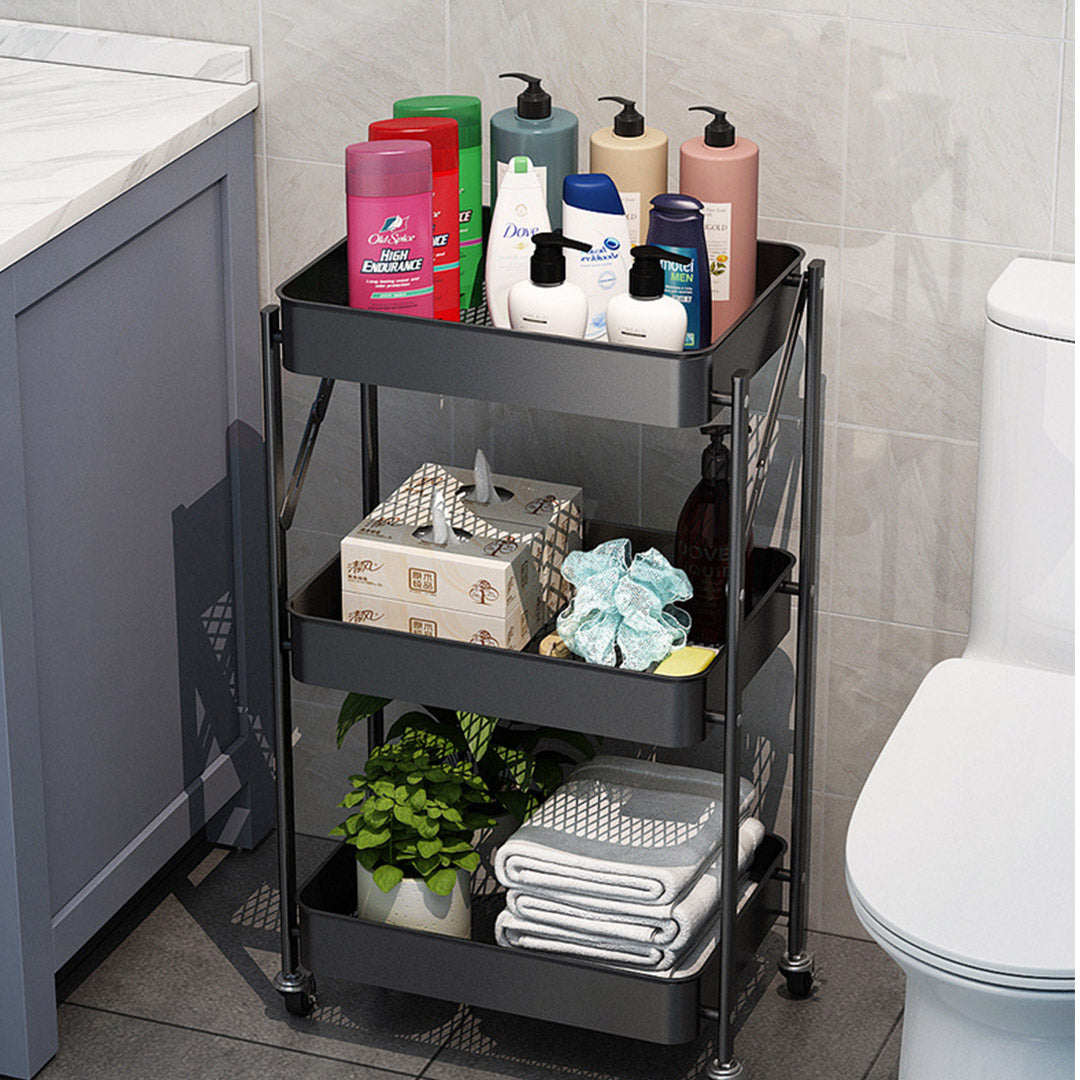 3 Tier Steel Black Foldable Kitchen Cart
