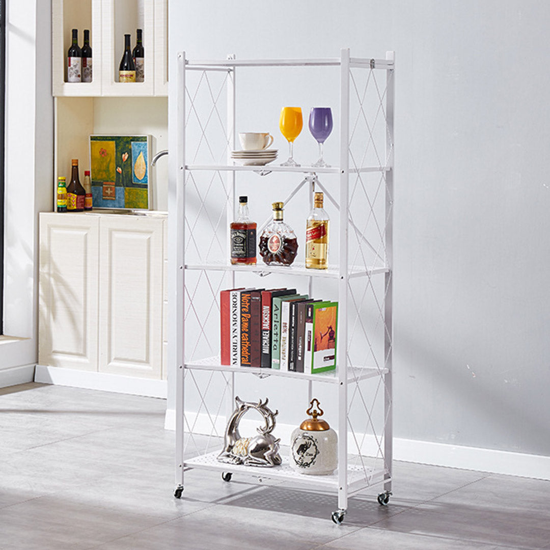 5 Tier Foldable Kitchen Shelves with Wheels  White