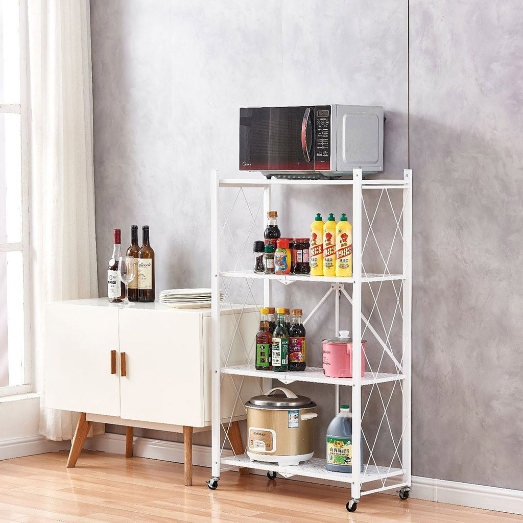 4 Tier Foldable Kitchen Shelves with Wheels White