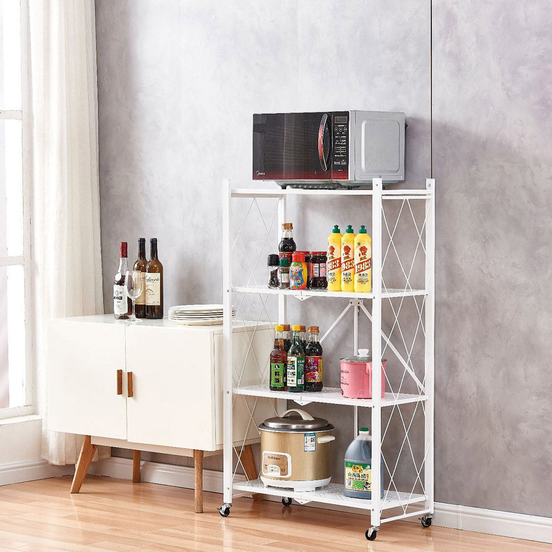 4 Tier Foldable Kitchen Shelves with Wheels White