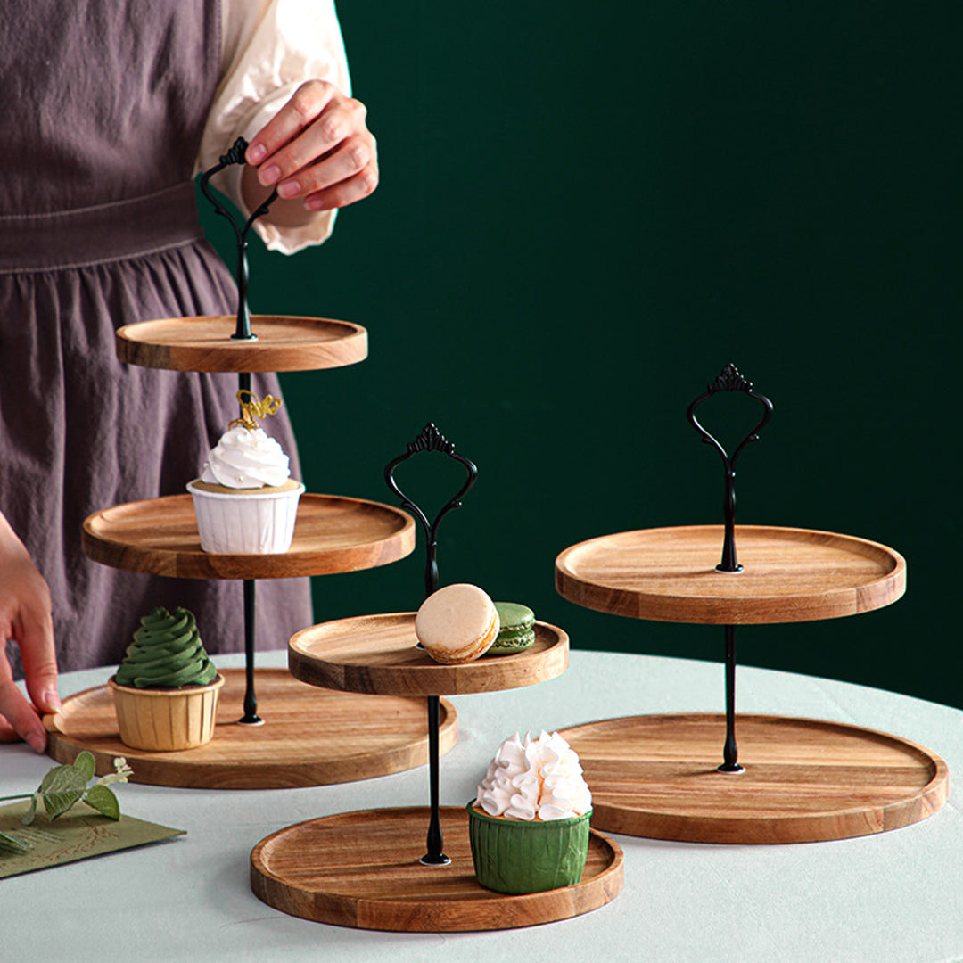15cm 2 Tier  Brown Round Wooden Acacia board