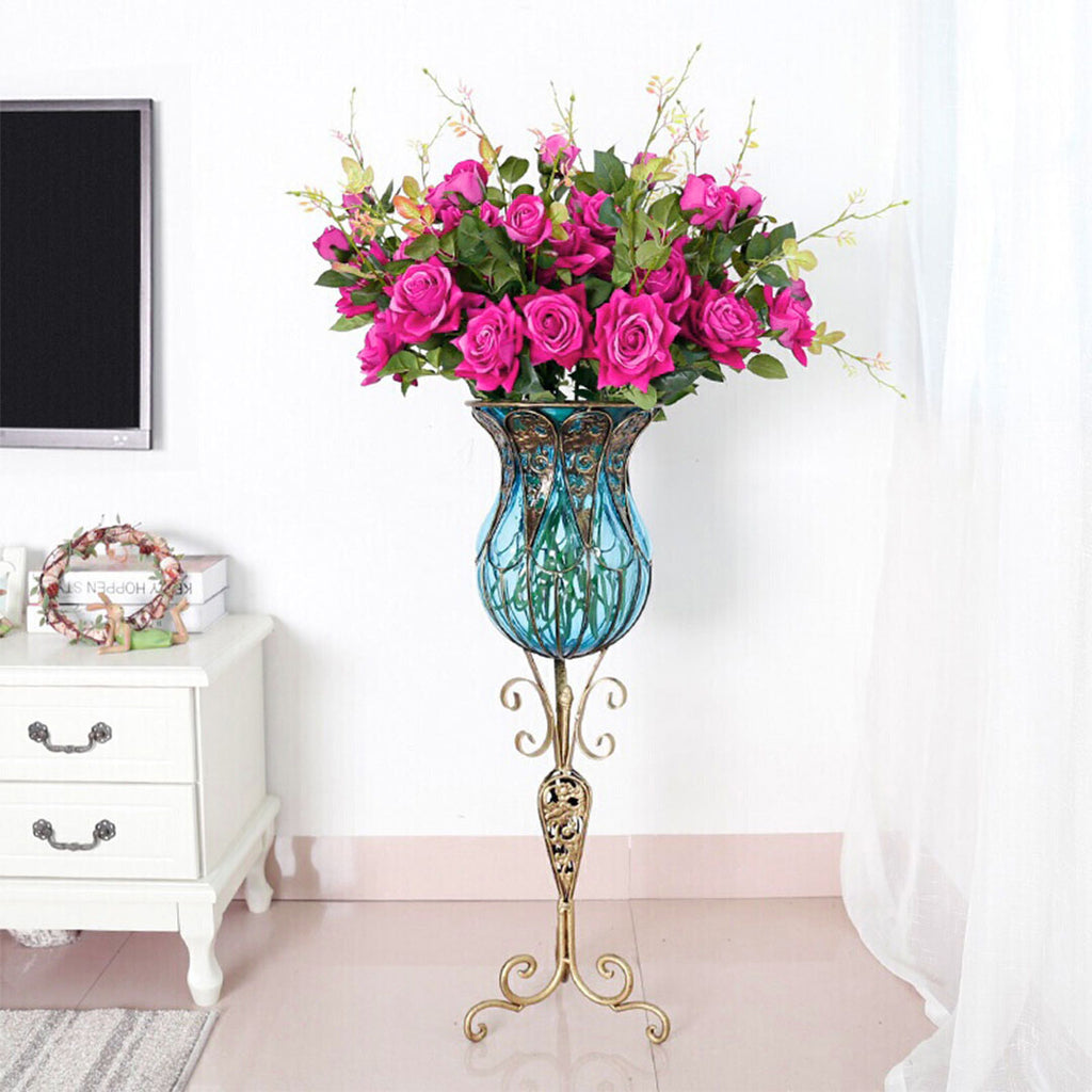 85cm Blue Glass Floor Vase and 12pcs Dark Pink Artificial Flower Set