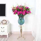 85cm Blue Glass Floor Vase and 12pcs Dark Pink Artificial Flower Set