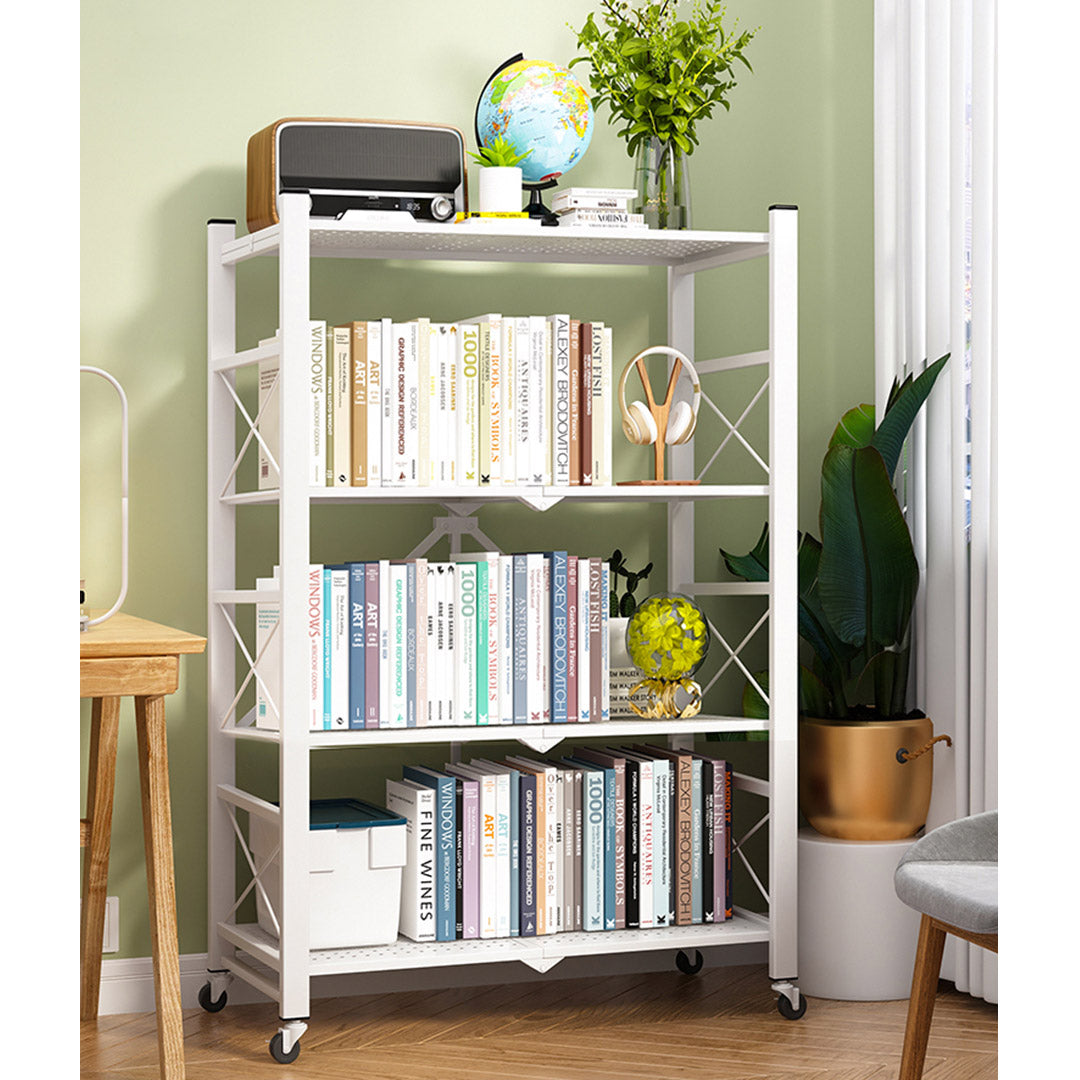 4 Tier White Foldable Display Stand with Wheels