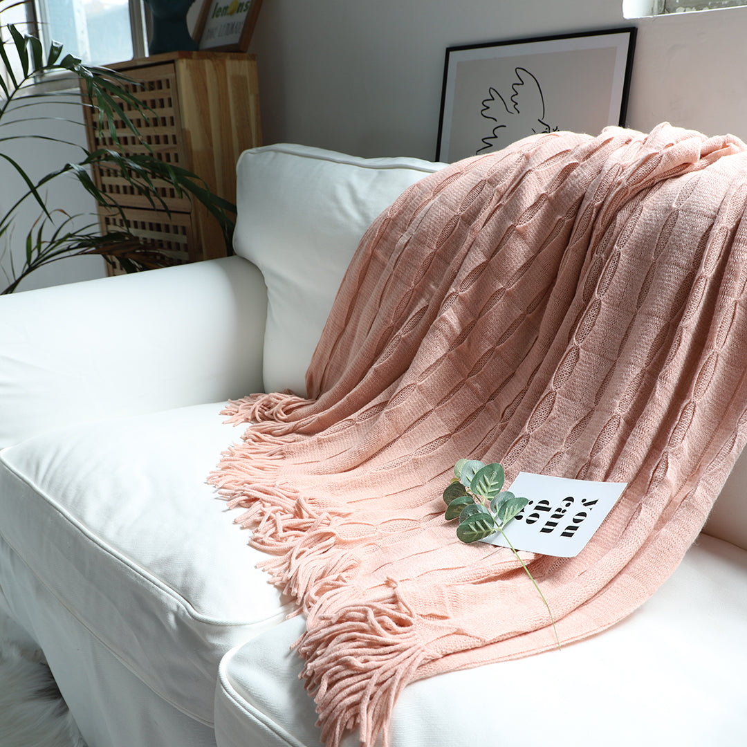Pink Textured Knitted Throw Blanket