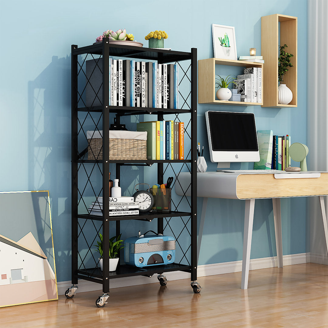 5 Tier Foldable Kitchen Shelves with Wheels Black