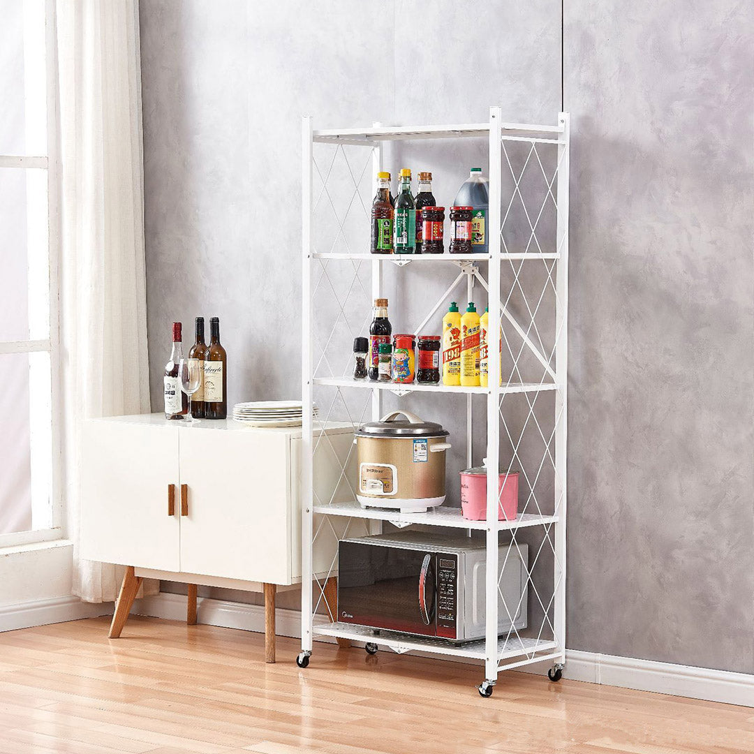 5 Tier Foldable Kitchen Shelves with Wheels  White
