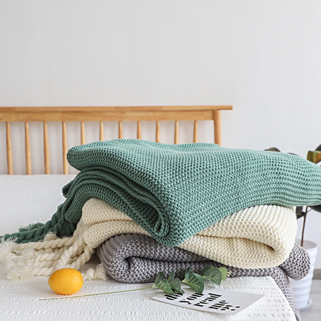 Pink Tassel Fringe Knitted Throw Blanket