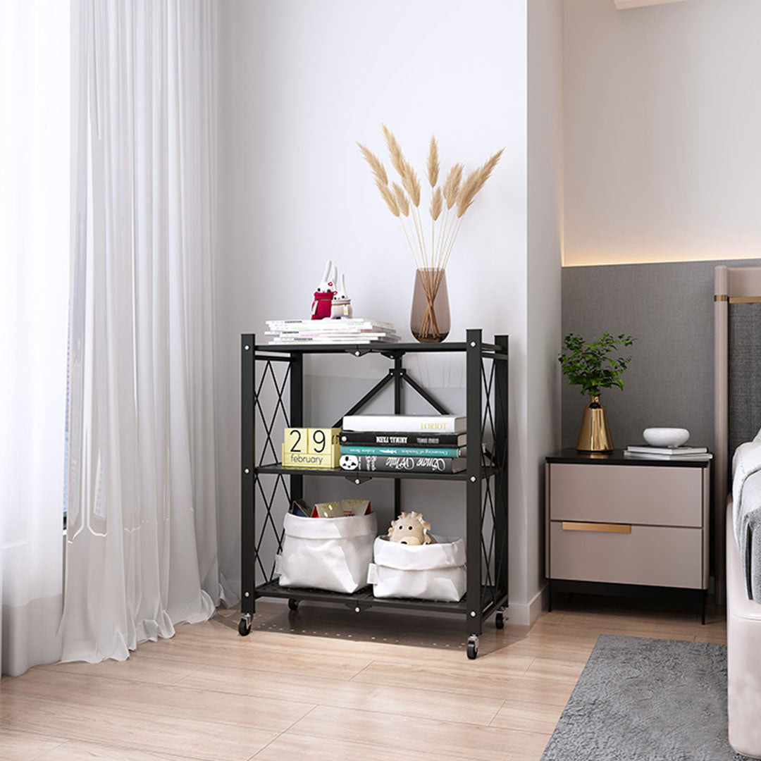 3 Tier Foldable Kitchen Shelves with Wheels Black