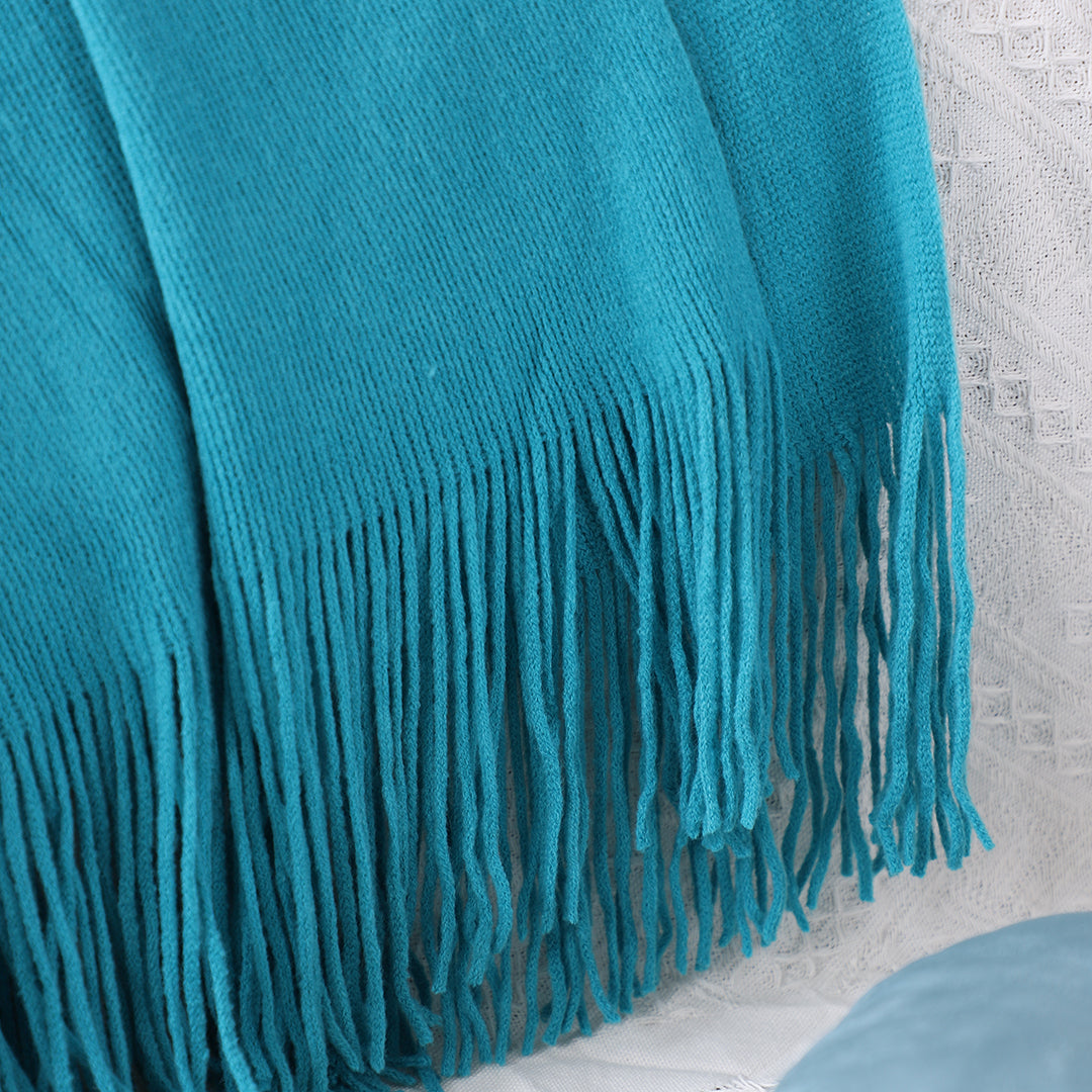 Blue Acrylic Knitted Throw Blanket
