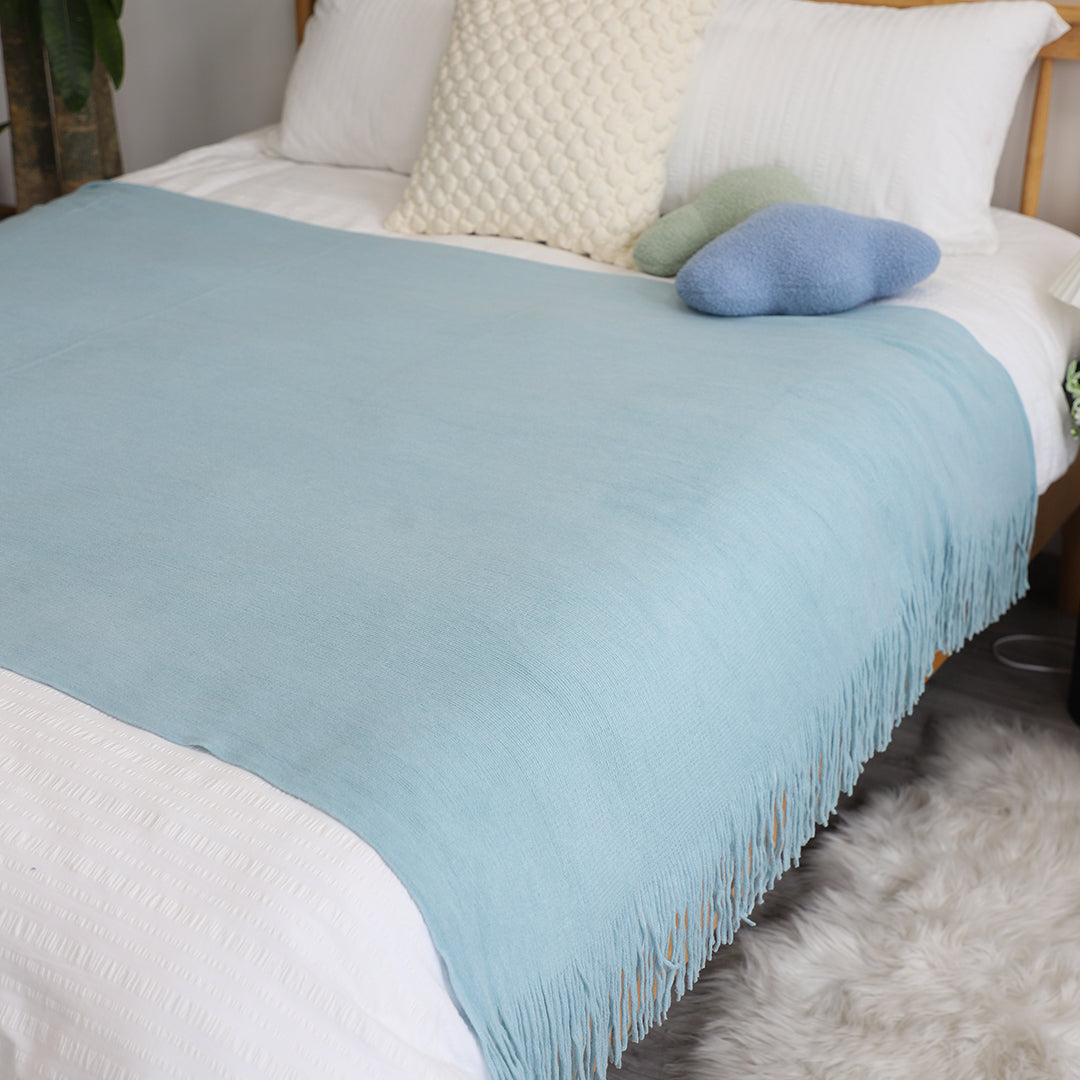 Sky Blue Acrylic Knitted Throw Blanket