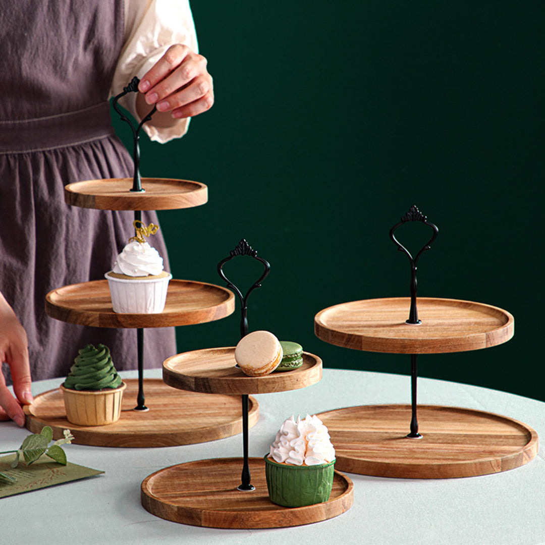 20cm 2 Tier  Brown Round Wooden Acacia board