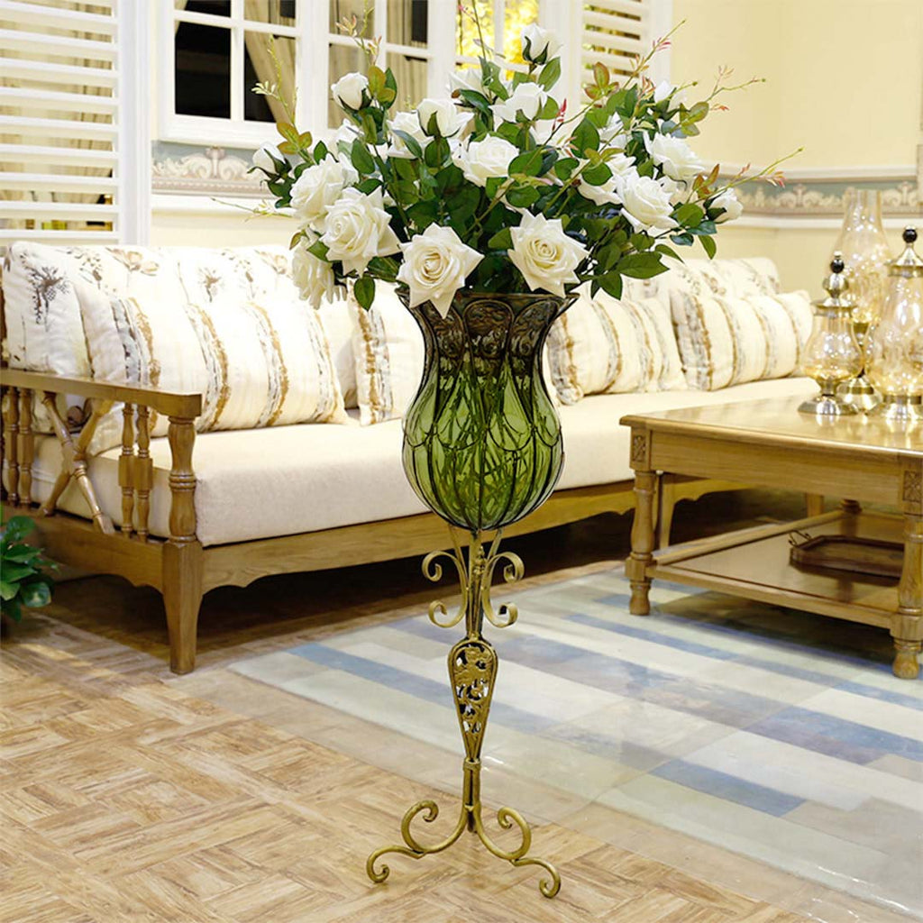 85cm Blue Glass Floor Vase and 12pcs White Artificial Flower Set