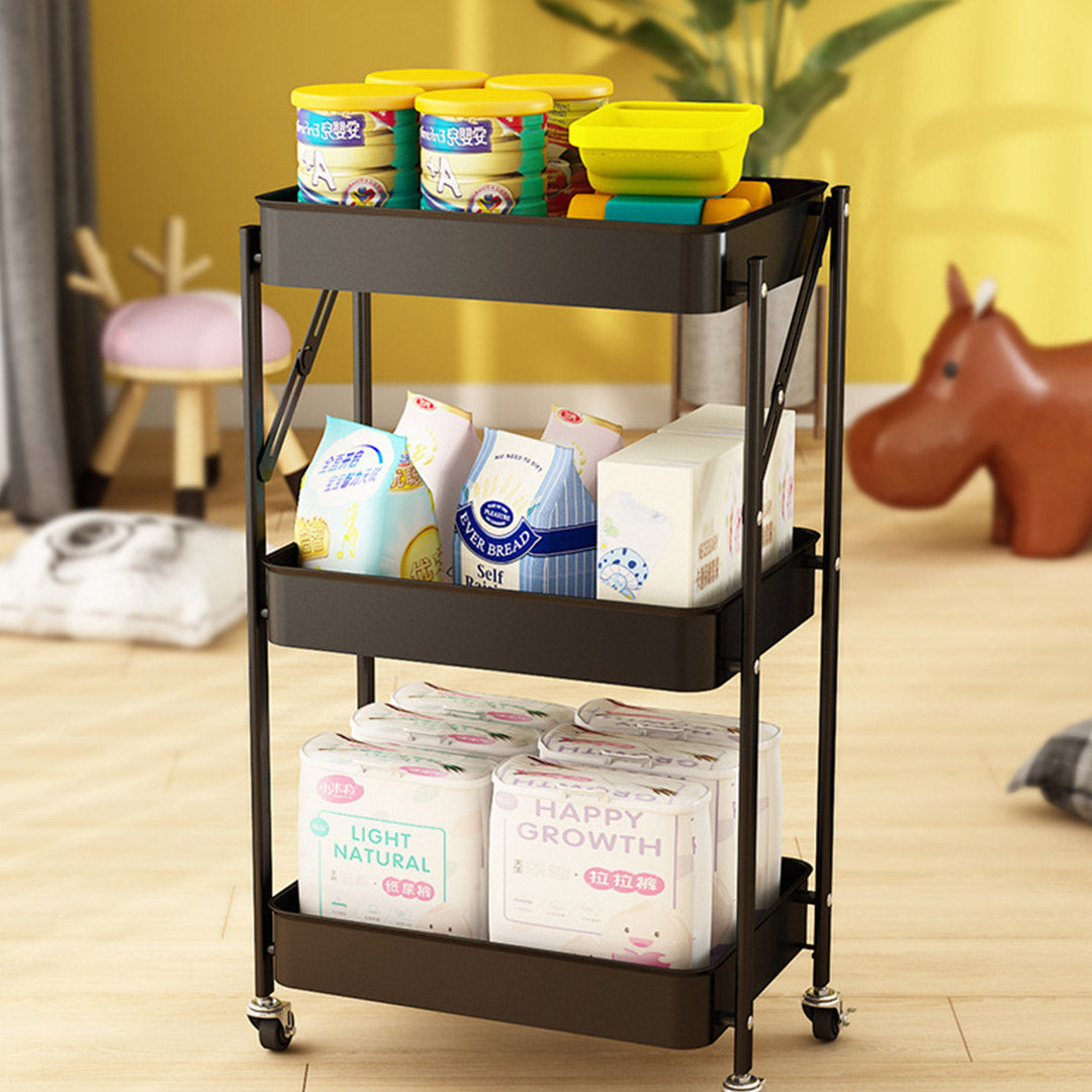 3 Tier Steel Black Foldable Kitchen Cart