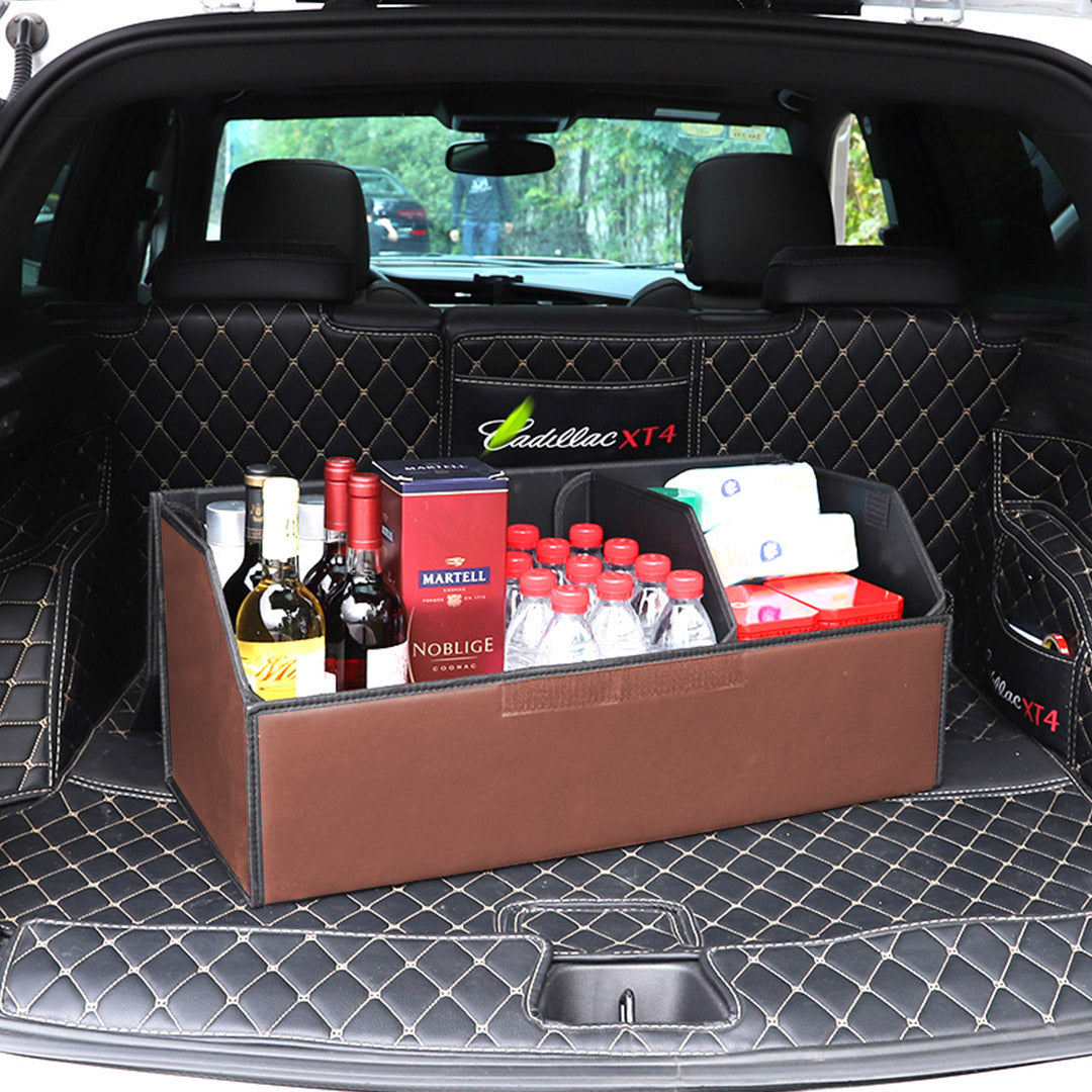 Leather Car Boot Foldable Trunk Cargo Organizer Box Coffee Medium