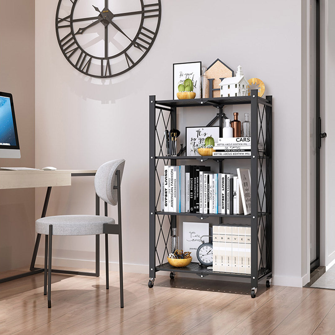 4 Tier Foldable Kitchen Shelves with Wheels Black
