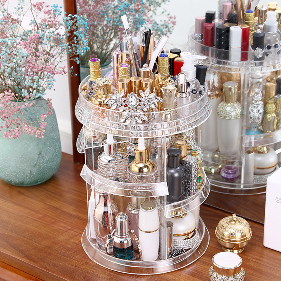 360 Degree Rotating Cosmetic Storage Organiser with White LED Light Tabletop Mirror Set