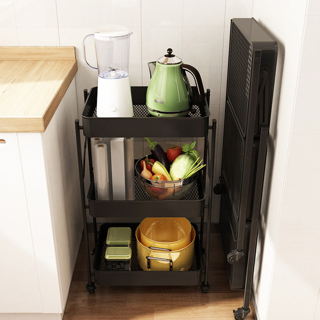 3 Tier Steel Black Foldable Kitchen Cart