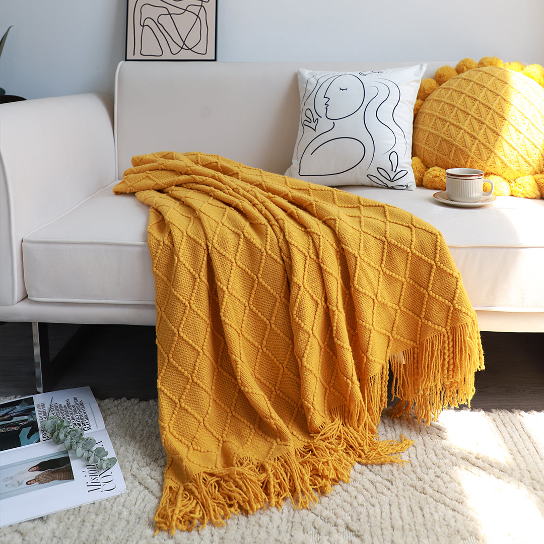 Yellow Diamond Pattern Knitted Throw Blanket