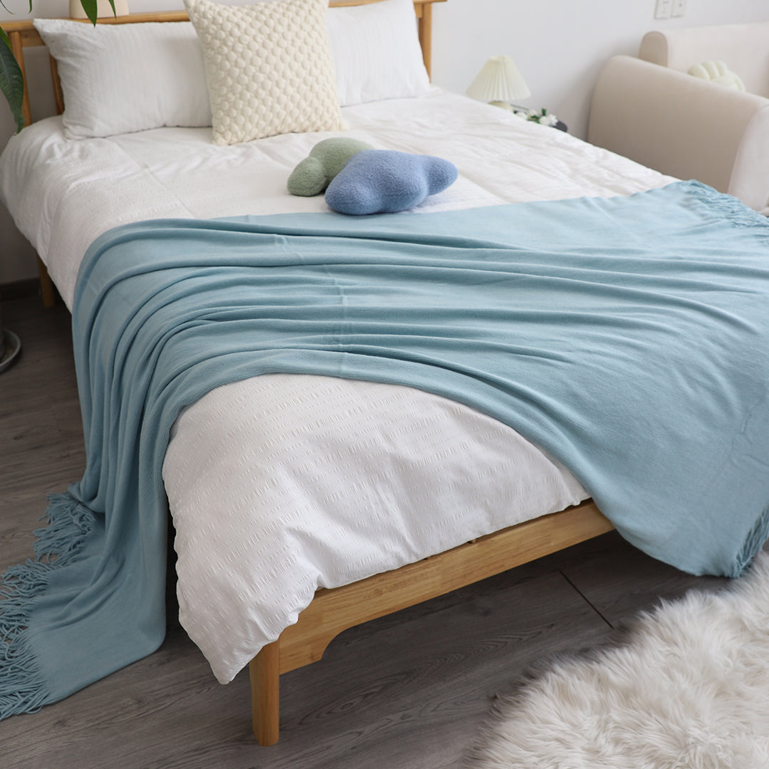 Sky Blue Acrylic Knitted Throw Blanket