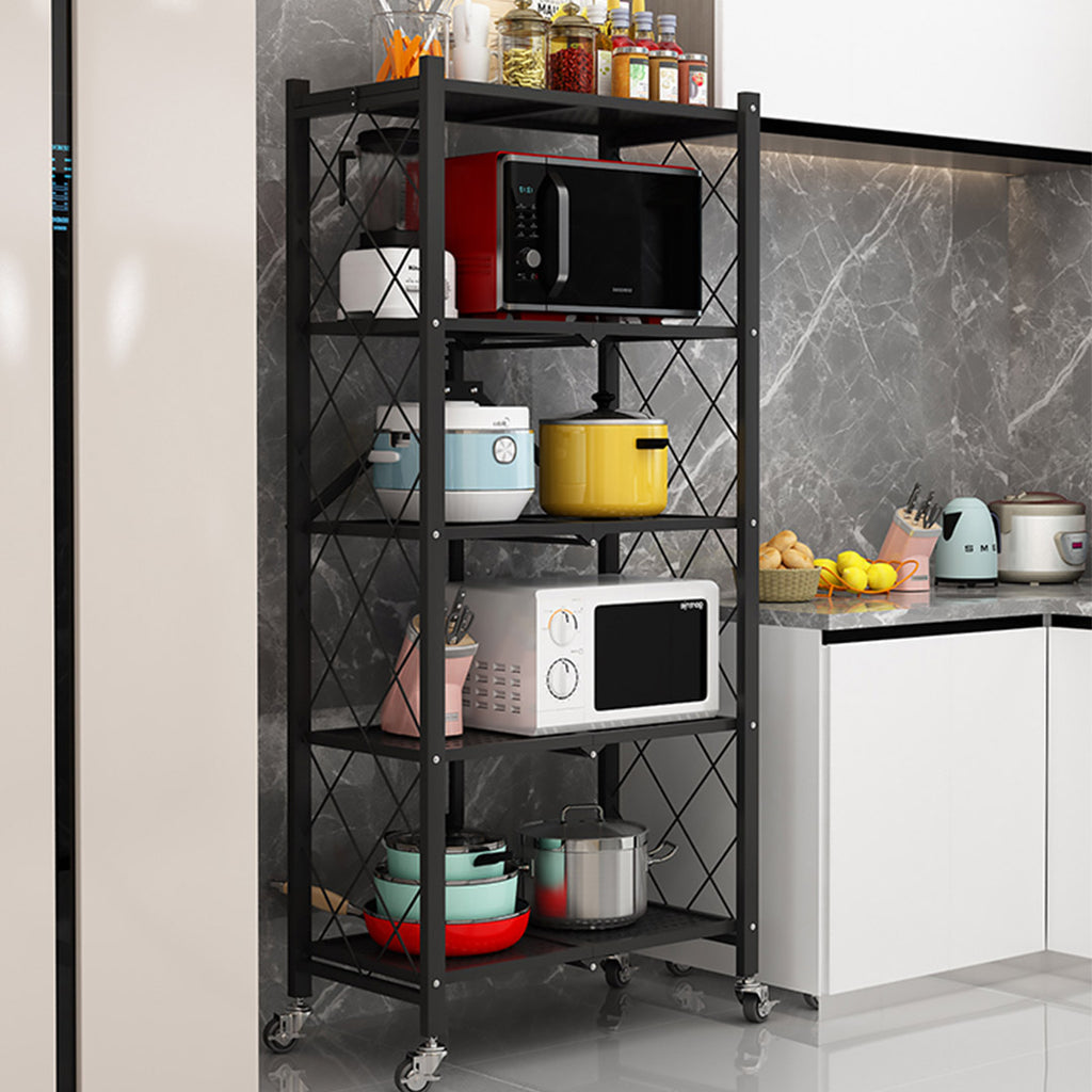 5 Tier Foldable Kitchen Shelves with Wheels Black