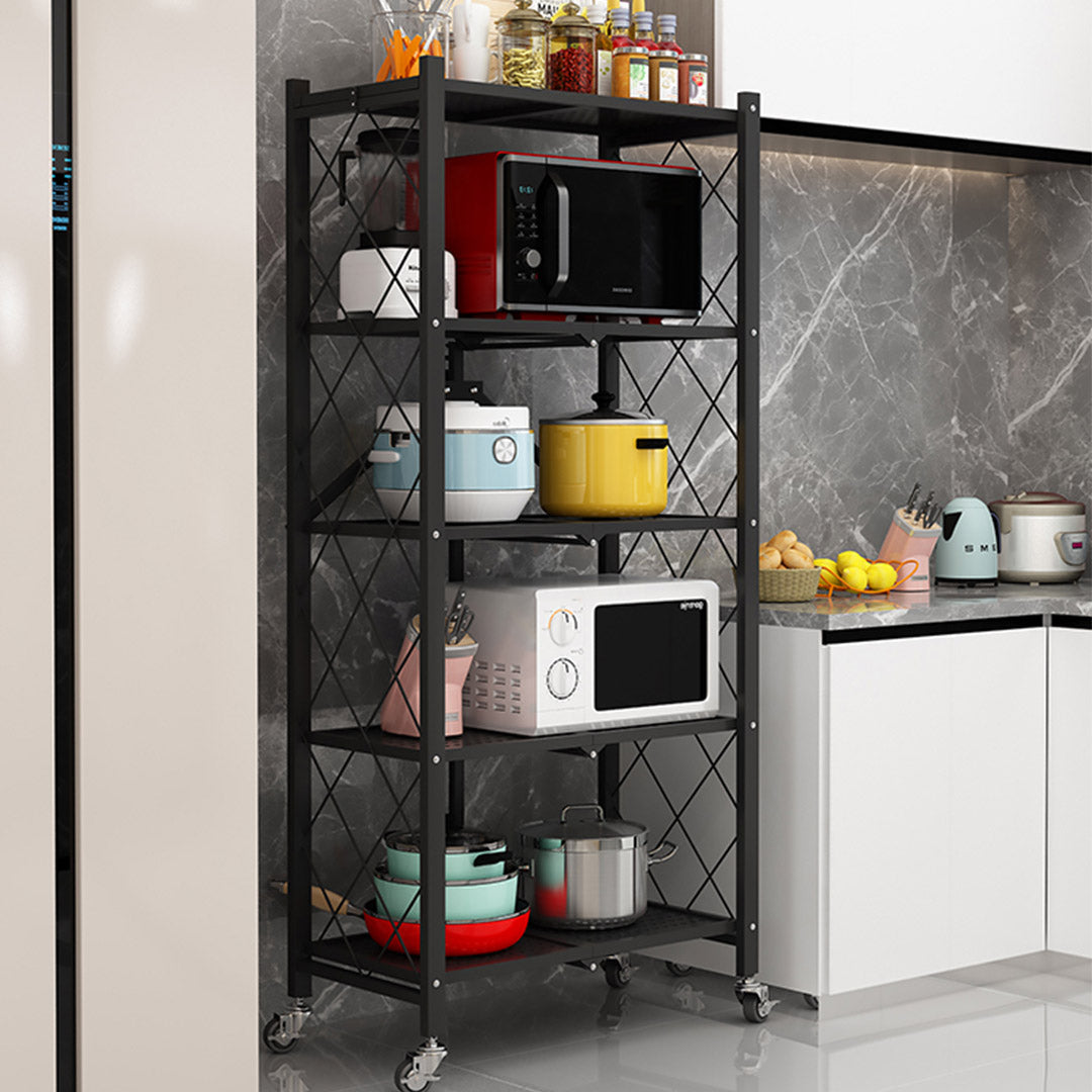5 Tier Foldable Kitchen Shelves with Wheels Black
