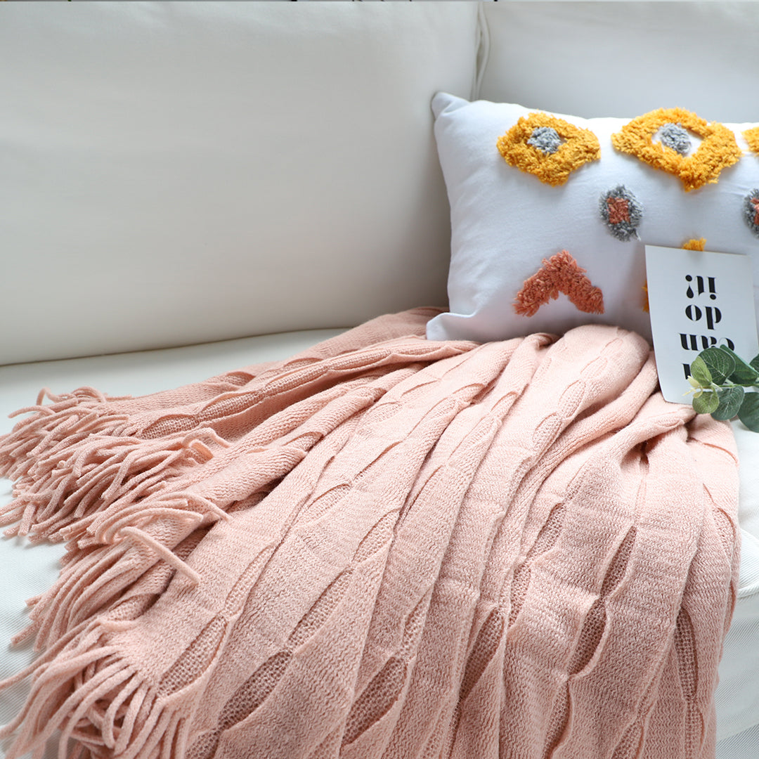 Pink Textured Knitted Throw Blanket