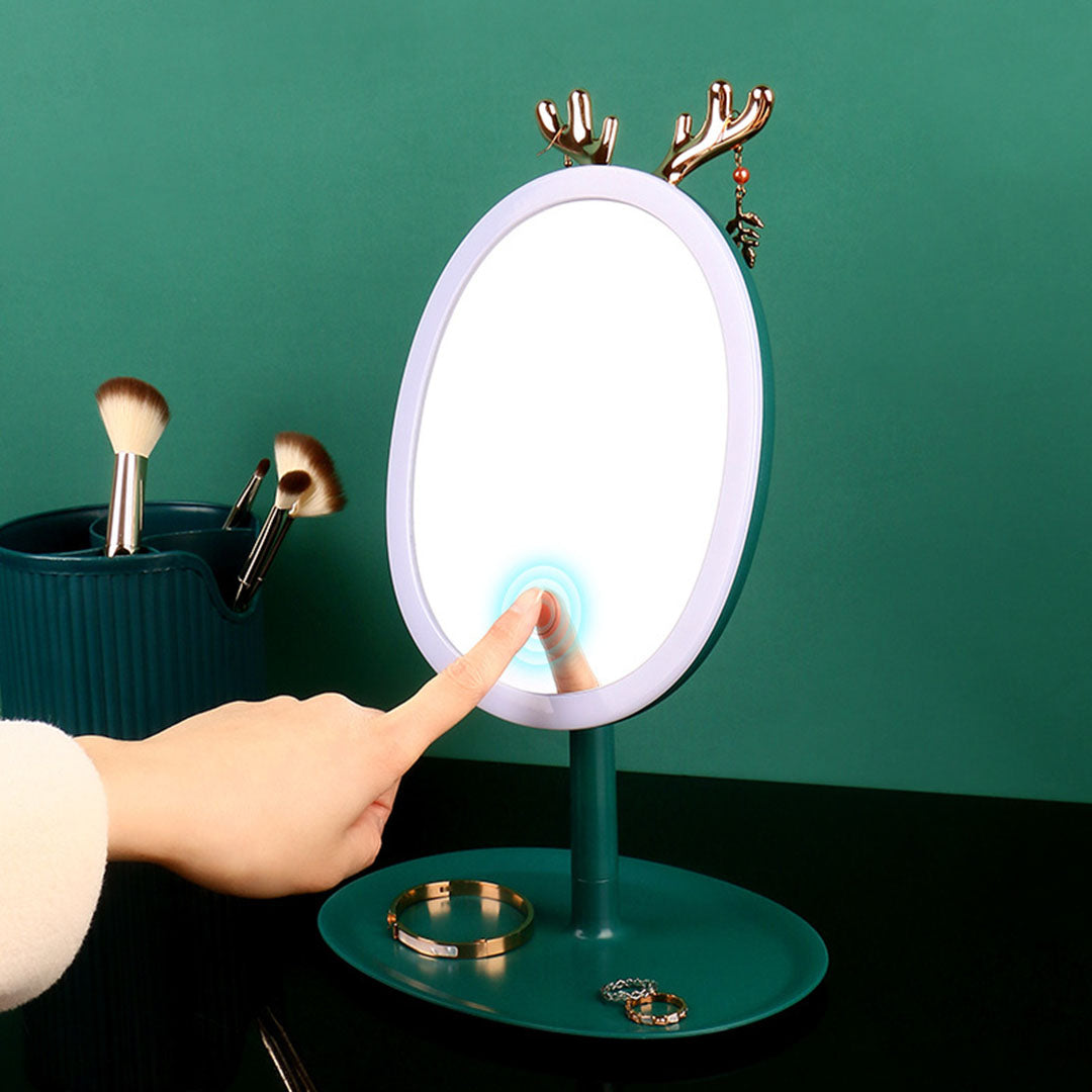 Green Cosmetic Jewelry Storage Organiser with Antler LED Tabletop Mirror Set