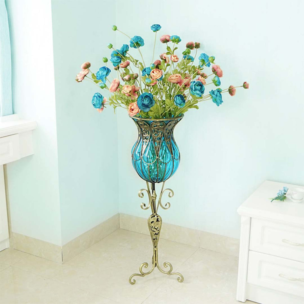 85cm Green Glass Floor Vase and 12pcs Blue Artificial Flower Set