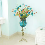 85cm Green Glass Floor Vase and 12pcs Blue Artificial Flower Set