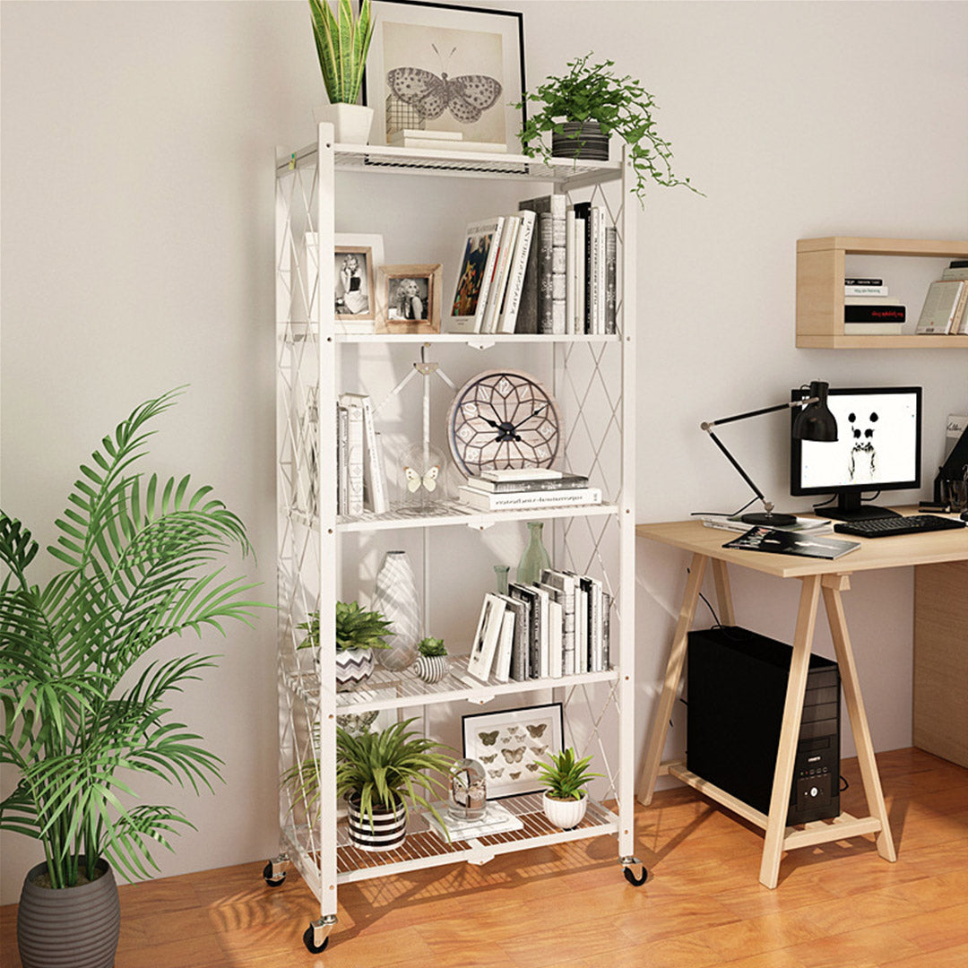 5 Tier Foldable Kitchen Shelves with Wheels  White