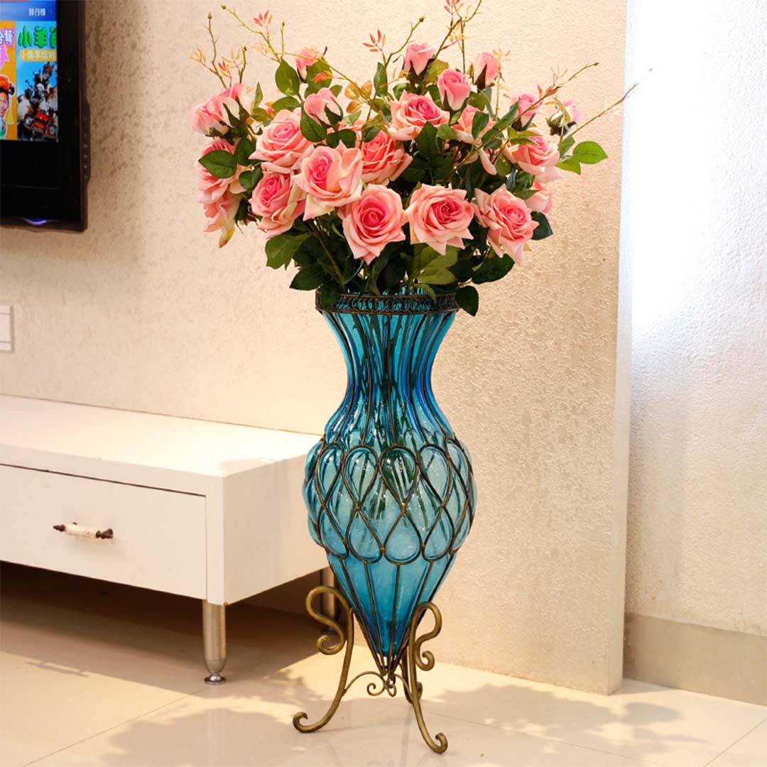 67cm Purple Glass Floor Vase and 12pcs Pink Artificial Flower Set