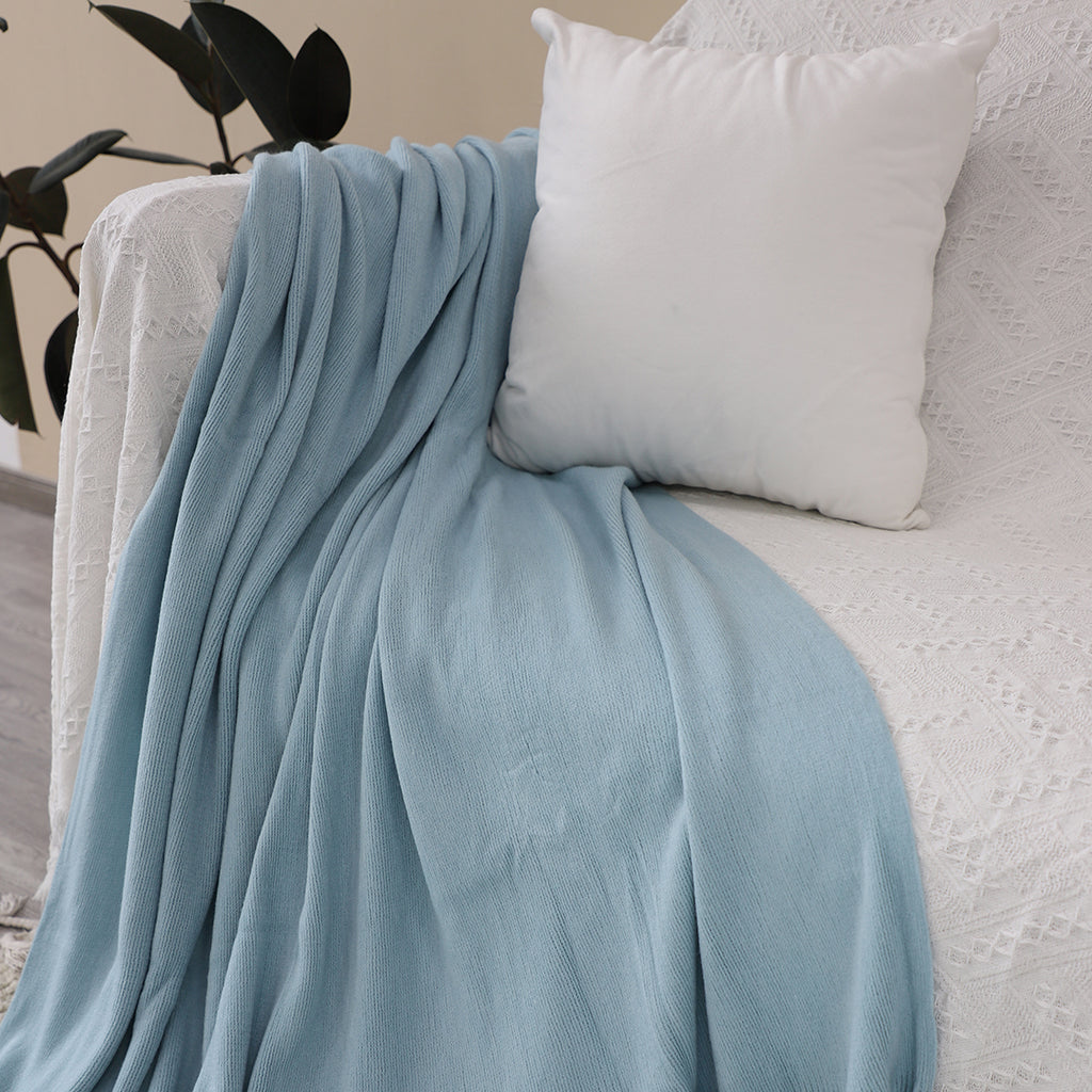 Sky Blue Acrylic Knitted Throw Blanket