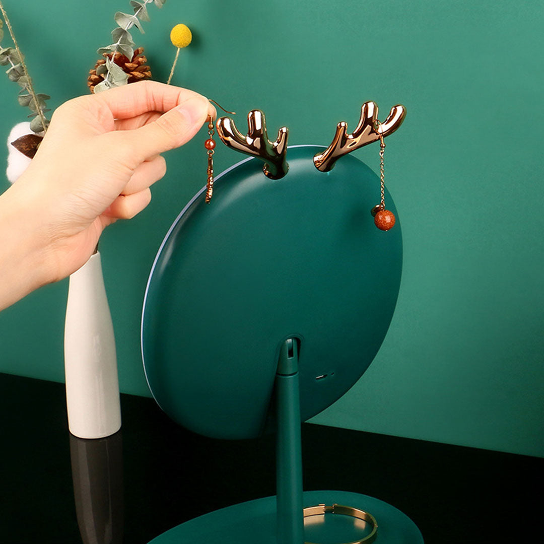 Green Cosmetic Jewelry Storage Organiser with Antler LED Tabletop Mirror Set