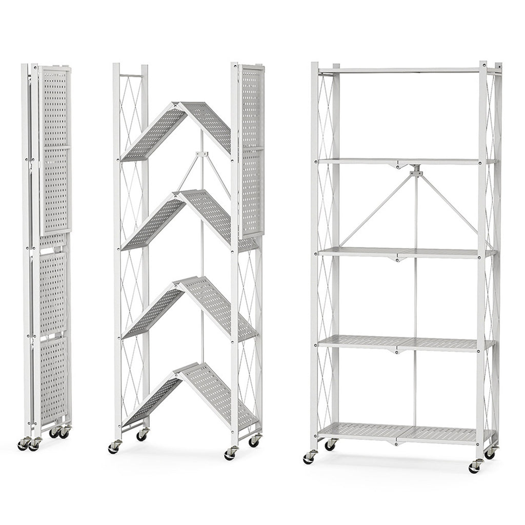 5 Tier Foldable Kitchen Shelves with Wheels  White