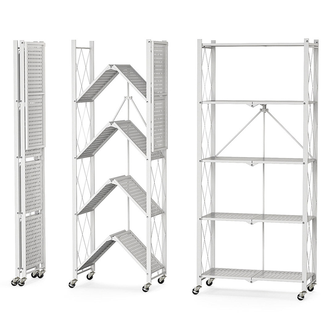 5 Tier Foldable Kitchen Shelves with Wheels  White