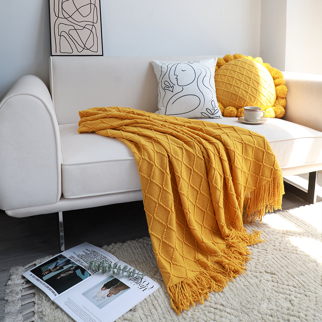 Yellow Diamond Pattern Knitted Throw Blanket