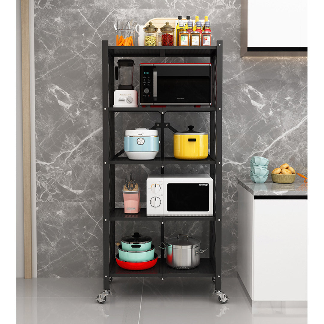 5 Tier Foldable Kitchen Shelves with Wheels Black