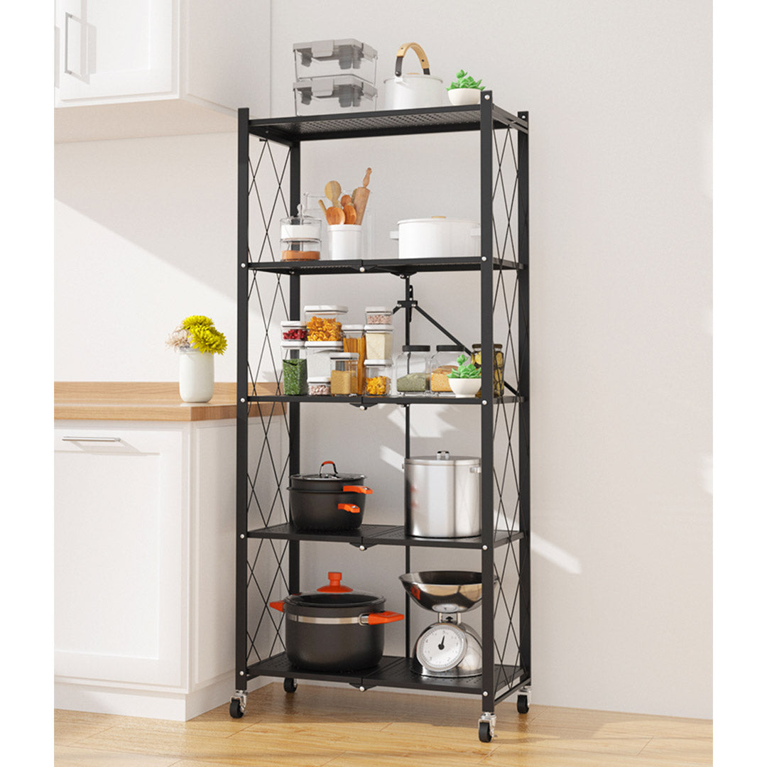 5 Tier Foldable Kitchen Shelves with Wheels Black