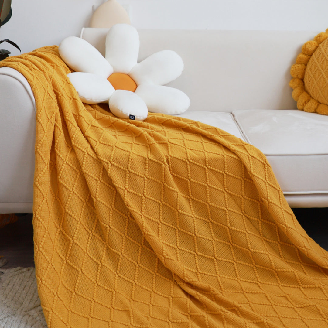 Yellow Diamond Pattern Knitted Throw Blanket